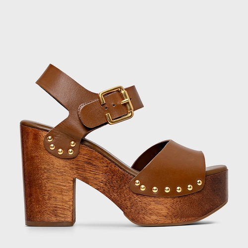 Sandália Plataforma Wood Studs Couro Marrom Saddle