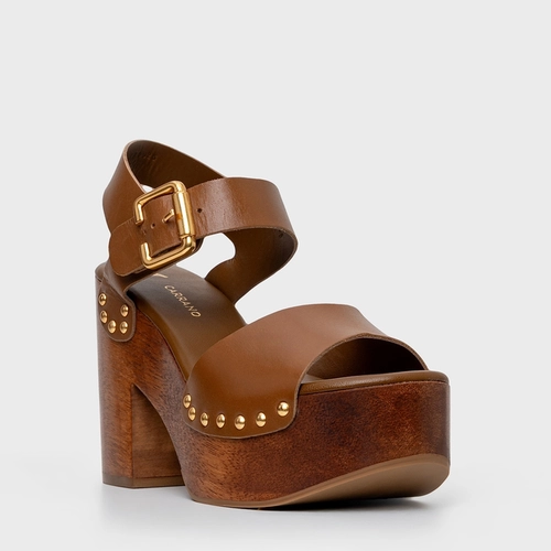 Sandália Plataforma Wood Studs Couro Marrom Saddle