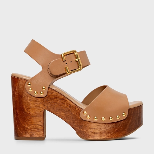 Sandália Plataforma Wood Studs Couro Bege Cookie