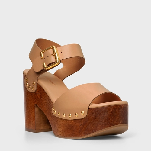 Sandália Plataforma Wood Studs Couro Bege Cookie