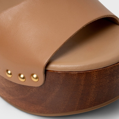 Sandália Plataforma Wood Studs Couro Bege Cookie