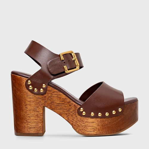 Sandália Plataforma Wood Studs Couro Marrom Brunette