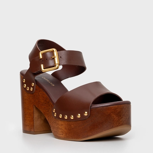 Sandália Plataforma Wood Studs Couro Marrom Brunette