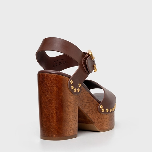 Sandália Plataforma Wood Studs Couro Marrom Brunette