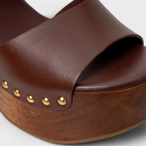 Sandália Plataforma Wood Studs Couro Marrom Brunette