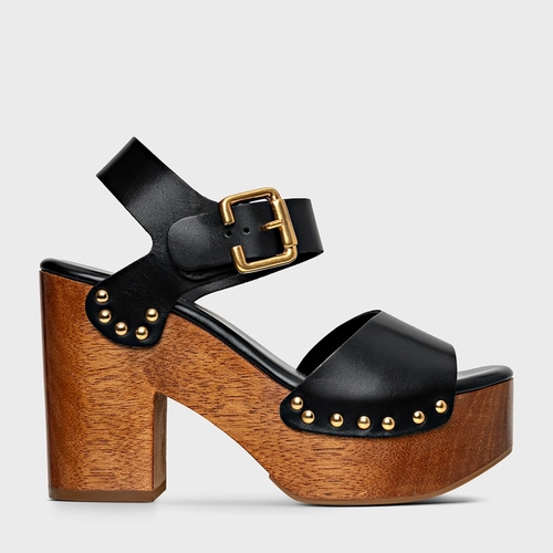 Sandália Plataforma Wood Studs Couro Preto