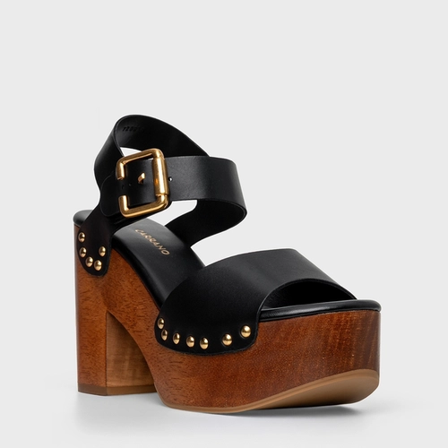 Sandália Plataforma Wood Studs Couro Preto