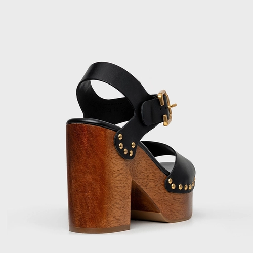 Sandália Plataforma Wood Studs Couro Preto