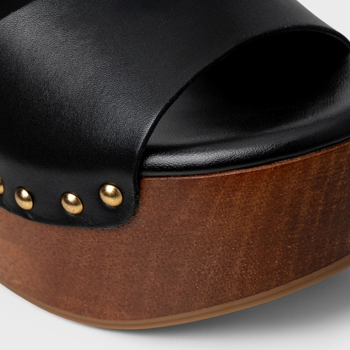 Sandália Plataforma Wood Studs Couro Preto
