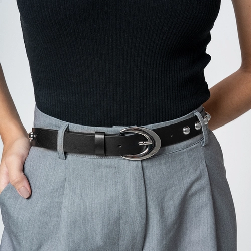 Cinto Studs Médio Prata Couro Preto