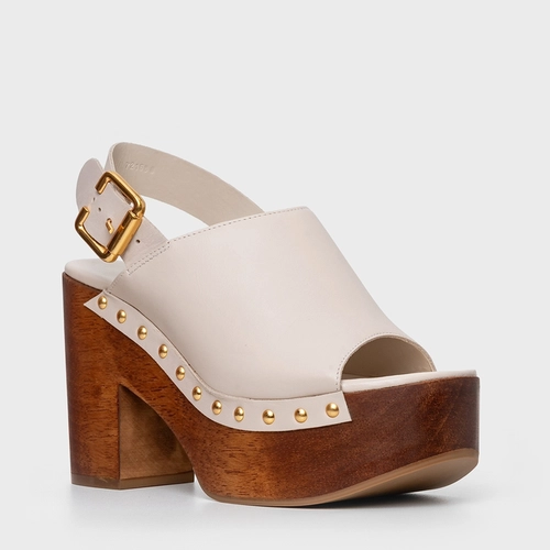 Sandália Plataforma Bold Wood Studs Couro Off White Cotton