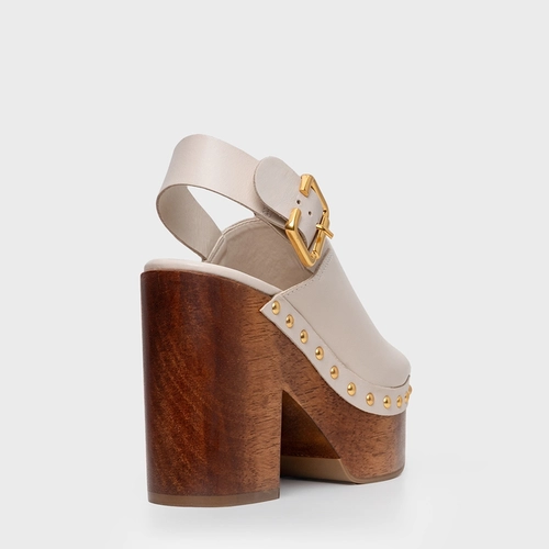 Sandália Plataforma Bold Wood Studs Couro Off White Cotton