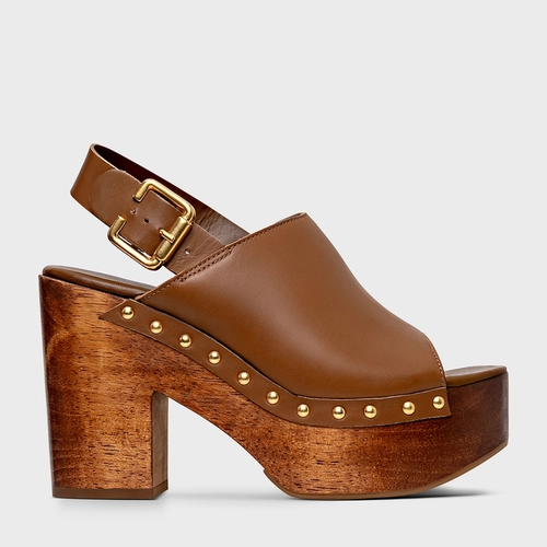 Sandália Plataforma Bold Wood Studs Couro Marrom Saddle