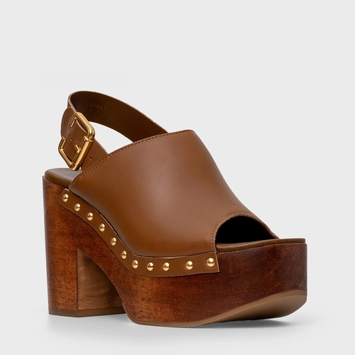 Sandália Plataforma Bold Wood Studs Couro Marrom Saddle