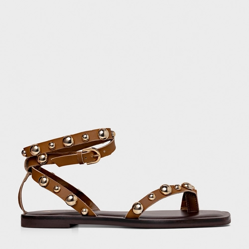 Sandália Flat Balls Tiras Couro Marrom Saddle