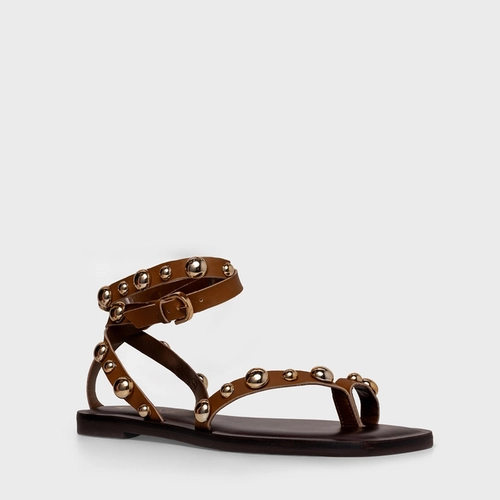 Sandália Flat Balls Tiras Couro Marrom Saddle