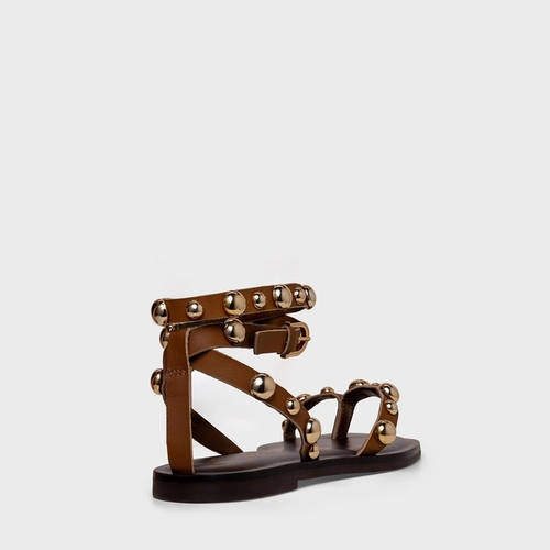 Sandália Flat Balls Tiras Couro Marrom Saddle