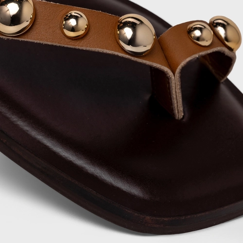 Sandália Flat Balls Tiras Couro Marrom Saddle