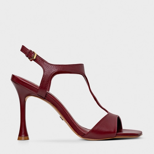 Sandália Front Salto Fino Couro Vinho Merlot