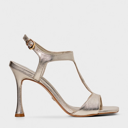 Sandália Front Salto Fino Couro Metalizado Champagne