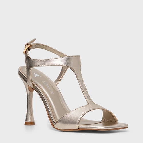 Sandália Front Salto Fino Couro Metalizado Champagne