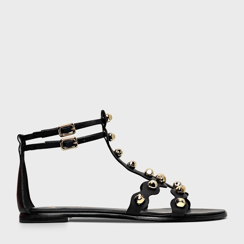 Sandália Flat Balls Recorte Couro Preto