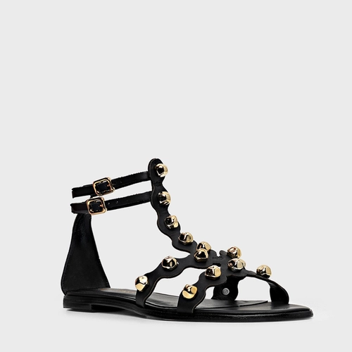 Sandália Flat Balls Recorte Couro Preto