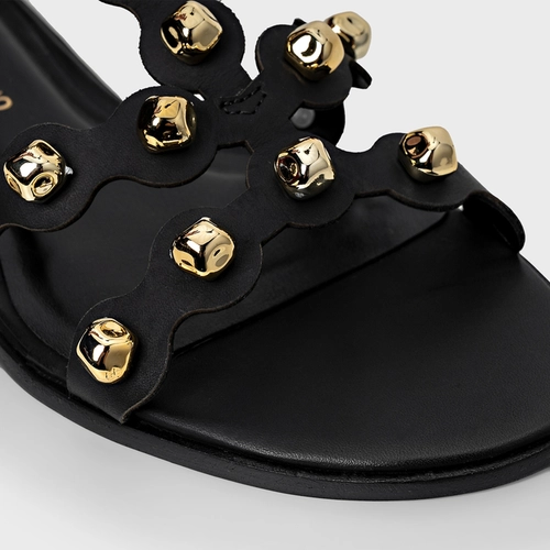 Sandália Flat Balls Recorte Couro Preto