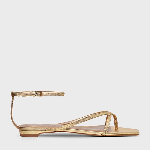 Sandália Flat Slim Couro Metalizado Dourado