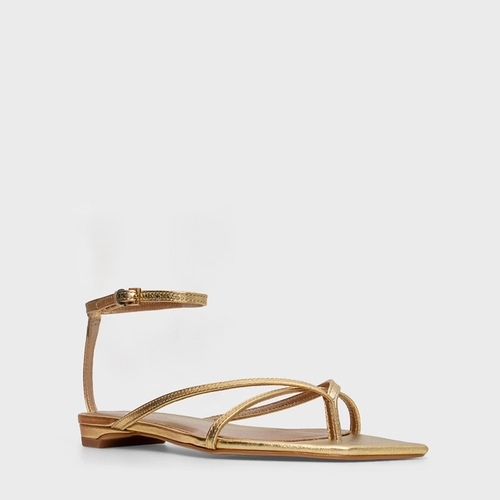 Sandália Flat Slim Couro Metalizado Dourado