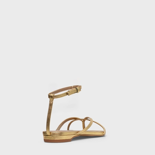Sandália Flat Slim Couro Metalizado Dourado