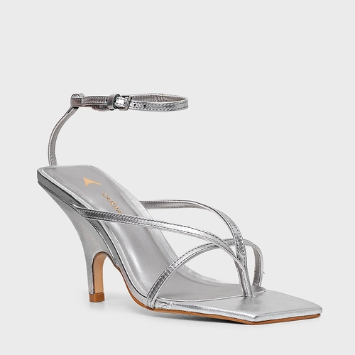 Sandália Slim Salto Fino Couro Metalizado Prata