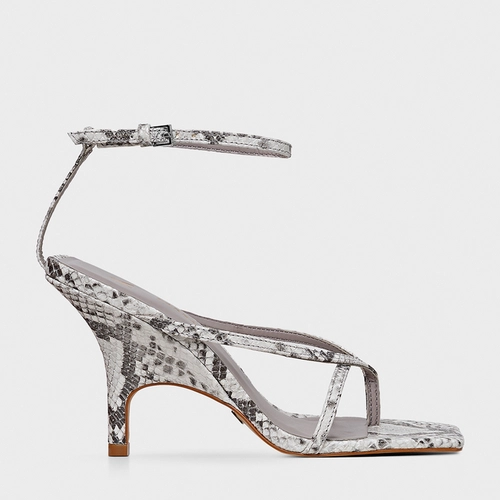 Sandália Slim Salto Fino Couro Python Animal Print Gray