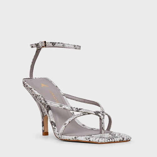 Sandália Slim Salto Fino Couro Python Animal Print Gray