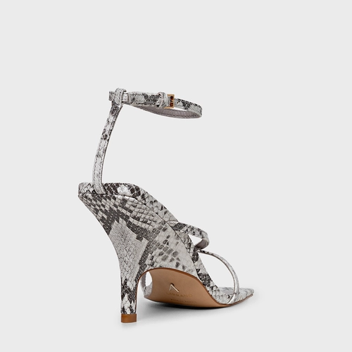 Sandália Slim Salto Fino Couro Python Animal Print Gray