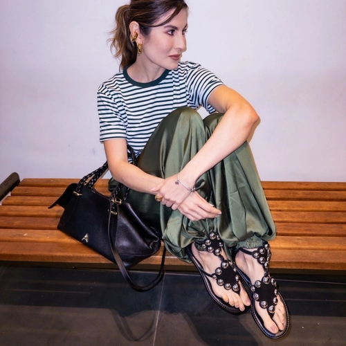 Sandália Flat Balls Triangle Couro Nobuck Preto