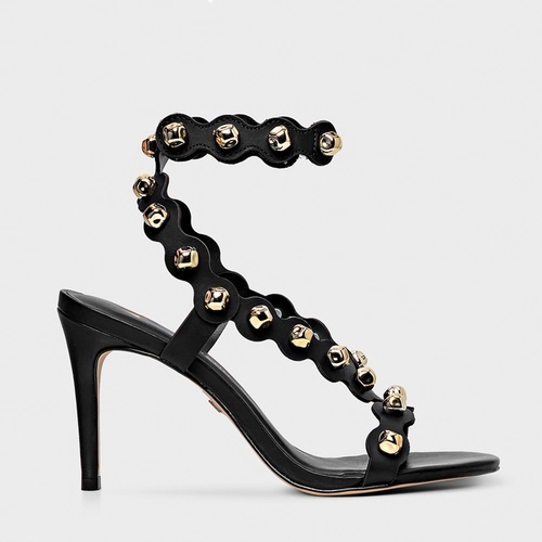 Sandália Balls Recorte Salto Fino Couro Preto