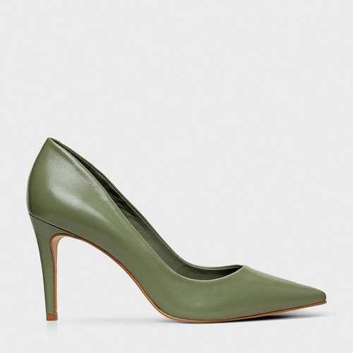 Scarpin Beatriz Salto Fino Couro Verde Sage
