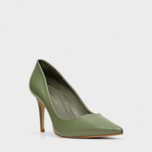 Scarpin Beatriz Salto Fino Couro Verde Sage