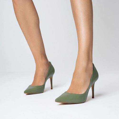 Scarpin Beatriz Salto Fino Couro Verde Sage