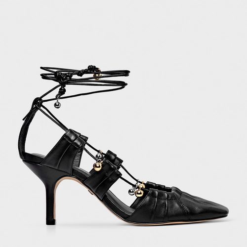 Scarpin Slingback Ripple Lace Up Couro Preto