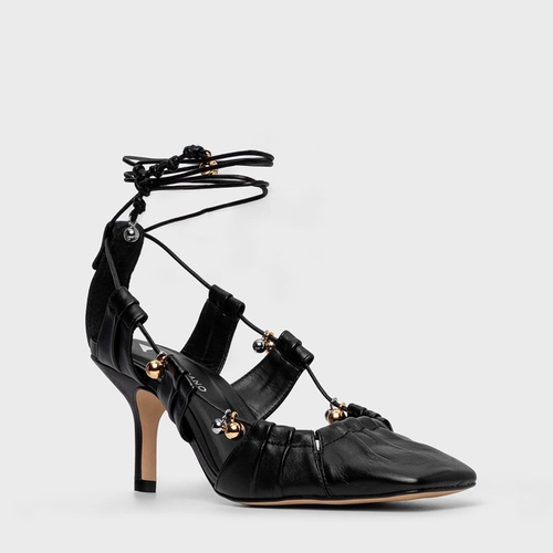 Scarpin Slingback Ripple Lace Up Couro Preto