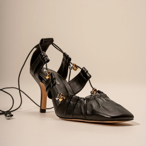 Scarpin Slingback Ripple Lace Up Couro Preto