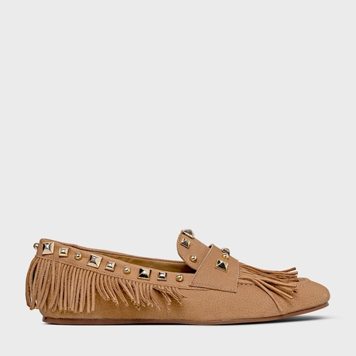 Loafer Franjas Couro Nobuck Bege Toffee