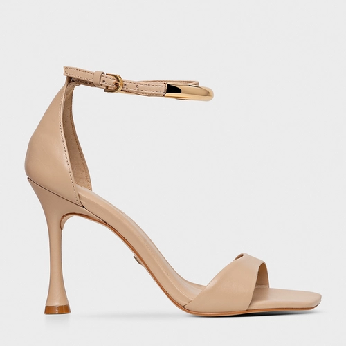 Sandália Glow Salto Fino Couro Bege Ginger