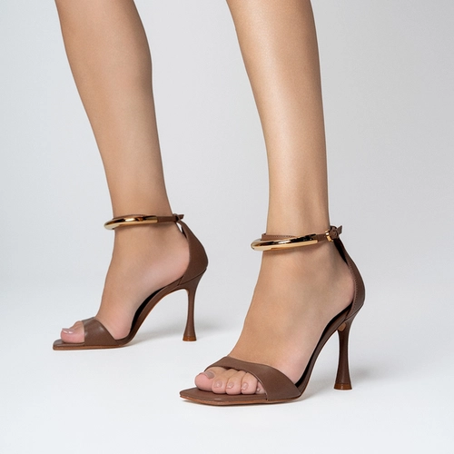 Sandália Glow Salto Fino Couro Marrom Mocha