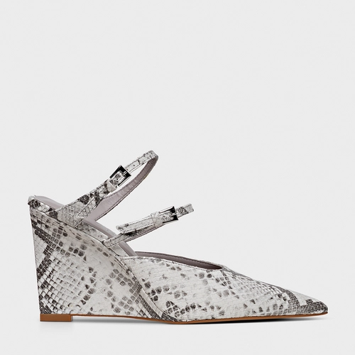 Mule Strips Fivelas Anabela Couro Python Animal Print Gray