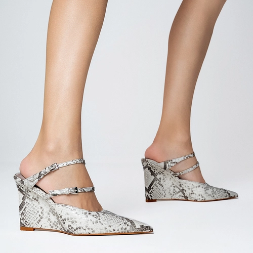 Mule Strips Fivelas Anabela Couro Python Animal Print Gray