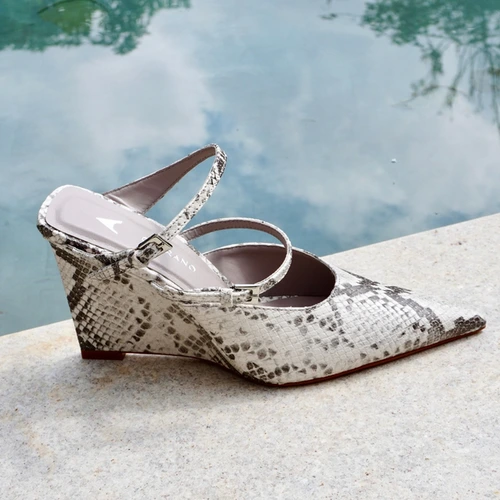 Mule Strips Fivelas Anabela Couro Python Animal Print Gray