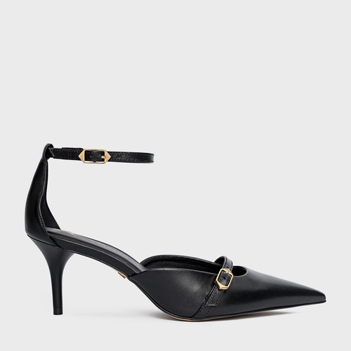 Scarpin Slingback Strips Fivelas Salto Fino Couro Preto